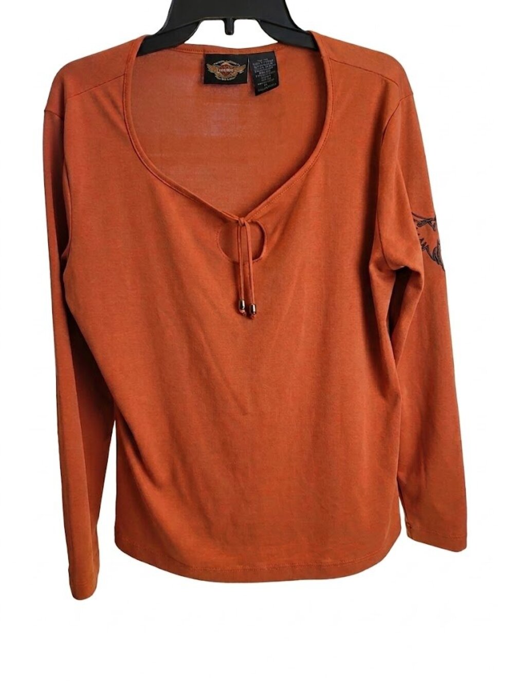 Harley-Davidson Vintage Y2K Orange Long Sleeve Keyhole Drawstring Top Large